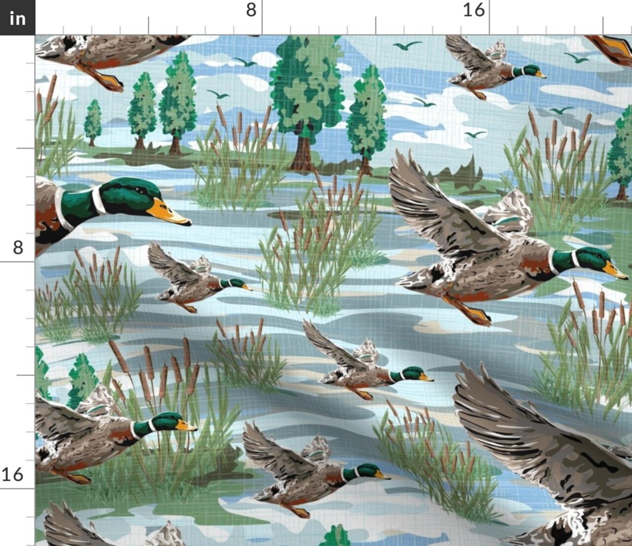 Mallard Ducks Flying Mallards Waterfowl Flying Birds Wildlife Bird Watching Birding Duck Season Rustic Cabin Custom Printed Fabric by Spoonflower Various Fabrics by the Yard or Fat Quarter 15664687
